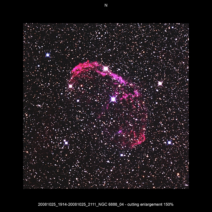 20081025_1914-20081025_2111_NGC 6888_04 - cutting enlargement 150pc.JPG -  Cyg Newton d 309,5 / af 1623 & Coma Corrector CANON-EOS5D (AFC-Filter) 1000 ASA no add. filter 10 light-frames 360s, auto dark, 5 flat, 10 bias Guidemaster, DSS, Canon-RAW-Image, Adobe-PS-CS3 thin fog, thin upper fog - changing density  